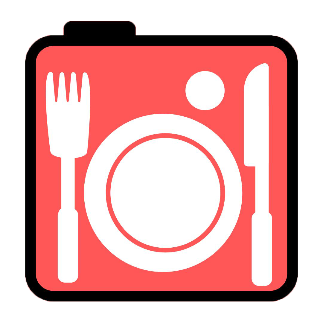 Food photography logo: White utensils and plate centered on a coral camera-shaped background.