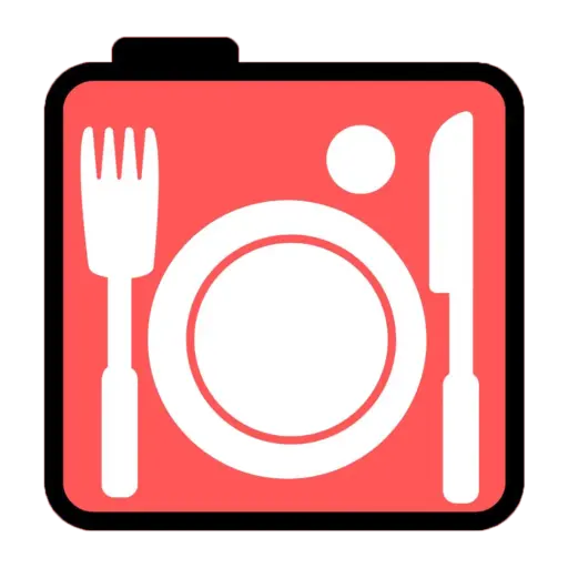 Food photography logo: White utensils and plate centered on a coral camera-shaped background.