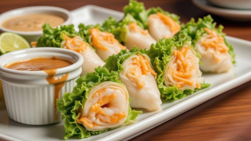 A white rectangular platter holding several fresh spring rolls wrapped in translucent rice paper and vibrant green curly lettuce. The rolls reveal orange shrimp and vegetable fillings. The dish is served on a wooden table with two small bowls of dipping sauce and a wedge of lime on the side.