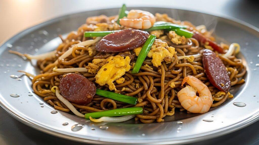 A bowl of Thai-style dry noodles topped with a variety of textures including minced pork, crushed peanuts, dried chili flakes, chopped green onions, fish balls, a slice of fish cake, and a crispy golden-fried wonton. The bowl is positioned on a light-colored wooden surface.