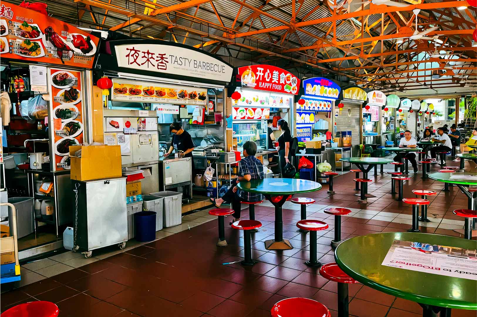 Busy Asian hawker centre with colorful food stalls selling barbecue, noodles, and local street food, featuring red‑stooled tables and customers dining in an open-air market setting.