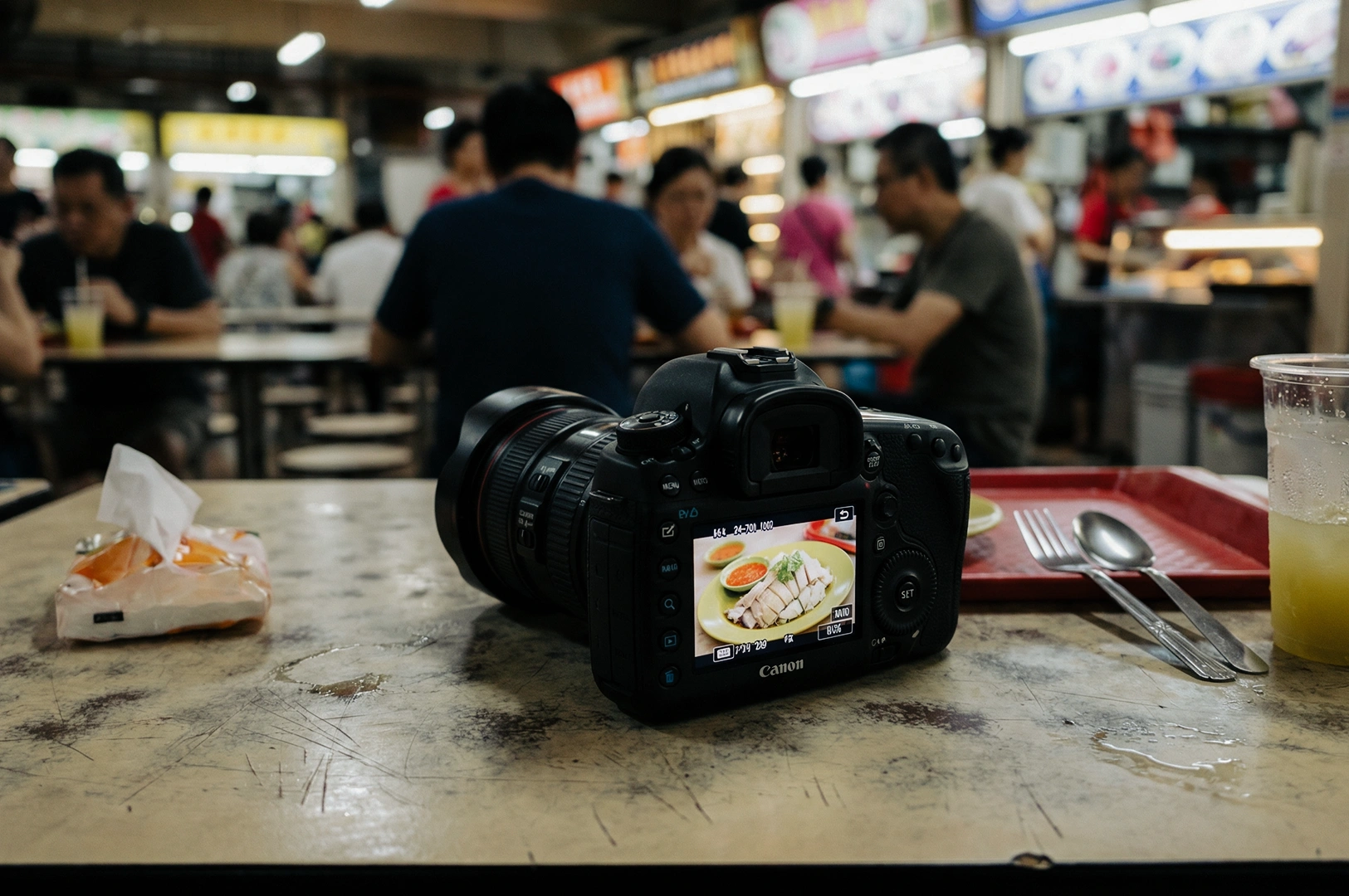 Eye‑level shallow depth‑of‑field shot of a DSLR camera placed on a hawker centre table, displaying a food photo on its screen, with trays, utensils, and a bustling indoor food court in the background.