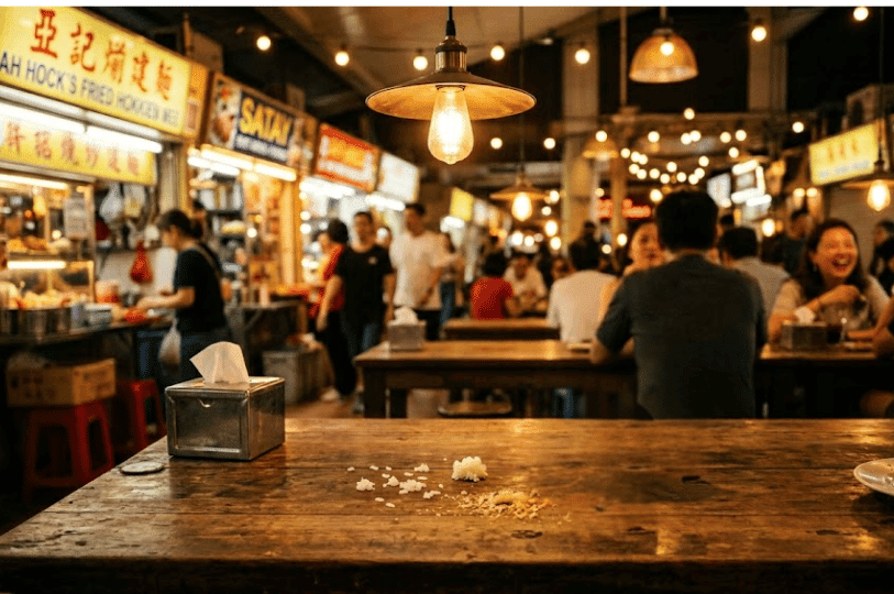 A close-up view of a worn wooden table in a bustling hawker center, bearing the scattered remnants of a recent meal including stray white rice grains and small crumbs. A stainless steel tissue box sits on the left edge. The background is softly blurred, capturing a lively, warm-lit food market with glowing stall signs and patrons gathered around tables.