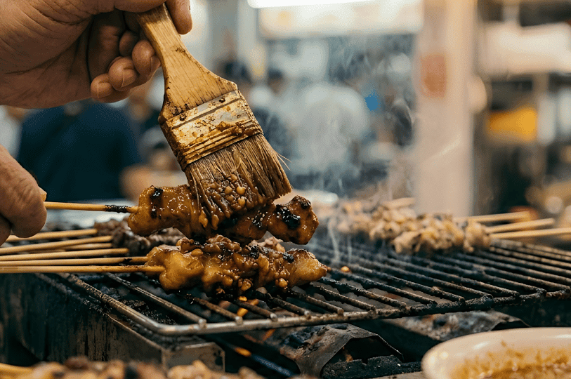 A person's hand holding a large, well-worn wooden brush, generously basting a dark marinade onto satay skewers as they sizzle on a smoky grill.