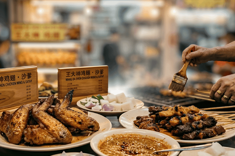 A food stall counter displaying plates piled high with grilled chicken wings, cooked satay skewers, fresh chopped onions and cucumbers, and a bowl of peanut sauce. In the blurred background, a vendor's hand tends to more skewers on the grill.