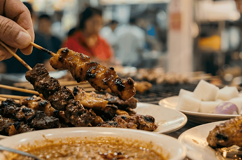 A close-up of a hand lifting two caramelized, freshly cooked satay skewers from a heaping plate, with a bowl of chunky peanut sauce resting in the foreground.