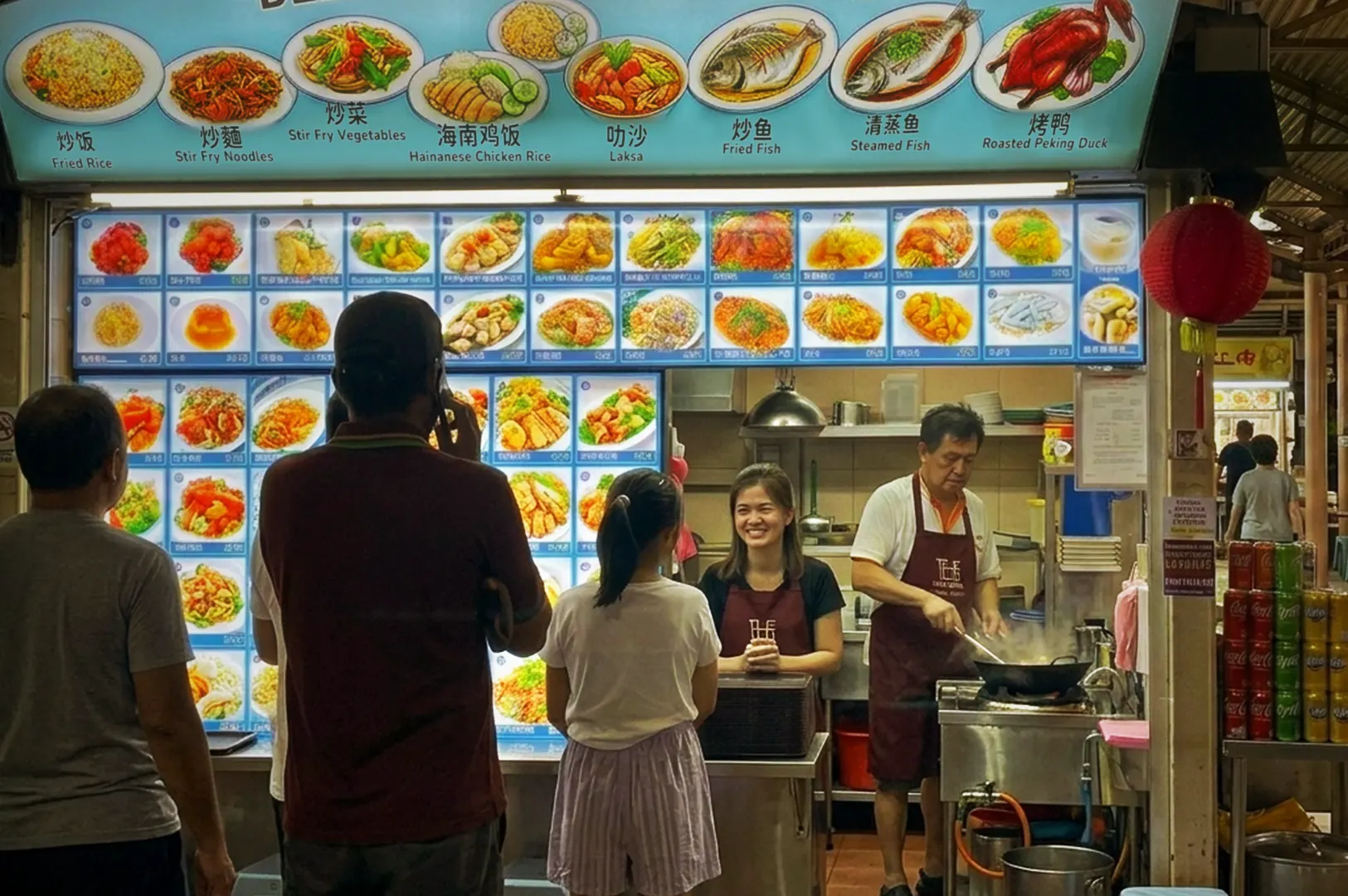 A bustling hawker stall, capturing the lively dining experience from a distance. Customers stand in line, waiting for their food. Behind the counter, a female worker smiles warmly while a male chef stirs a smoking wok. The stall features an illuminated menu display of the various Chinese and Southeast Asian dishes like Hainanese Chicken Rice, Laksa, and Roasted Peking Duck.