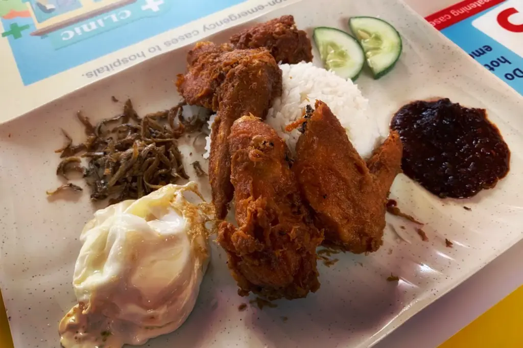 A classic plate of Selera Rasa Nasi Lemak featuring aromatic coconut rice, crispy fried chicken, a perfectly cooked egg, crunchy ikan bilis, cucumber slices, and spicy sambal chili.