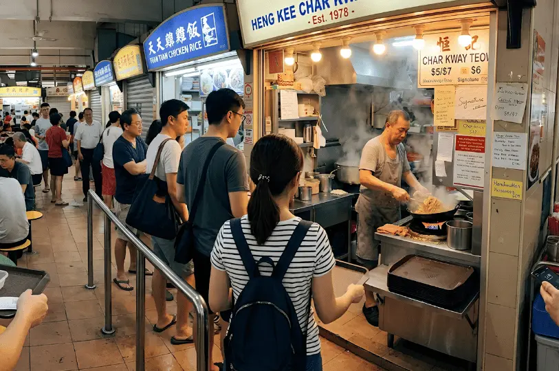 A long line of customers waits patiently behind a metal railing at a bustling, brightly lit hawker centre. In the foreground, a woman in a striped shirt and blue backpack holds an empty brown tray, looking ahead in anticipation. To the right, inside the "Heng Kee Char Kway Teow" stall, an older hawker cooks intensely over a fiery, steaming wok, illustrating the long but worthwhile wait for a freshly made local dish.