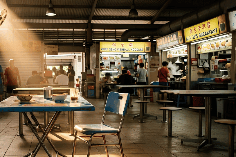 A close-up shot of a bright blue folding chair and table in a hawker center, bathed in warm morning sunlight. The table holds a half-eaten bowl of noodles and a glass mug, while the gently blurred background captures the quiet morning activity of vendors and seated diners preparing for the day ahead.