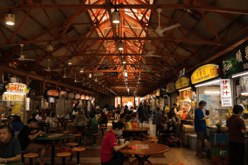 A wide shot down the bustling central aisle of a hawker centre, characterized by a high, vaulted ceiling with exposed orange steel trusses, hanging pendant lights, and ceiling fans. Brightly lit food stalls, featuring signs in English and Chinese for items like "Peanut Soup" and "Sugar Cane Juice," line the right side of the aisle. The open space is filled with numerous patrons dining at round tables, while other customers stand ordering or waiting near the stall fronts.