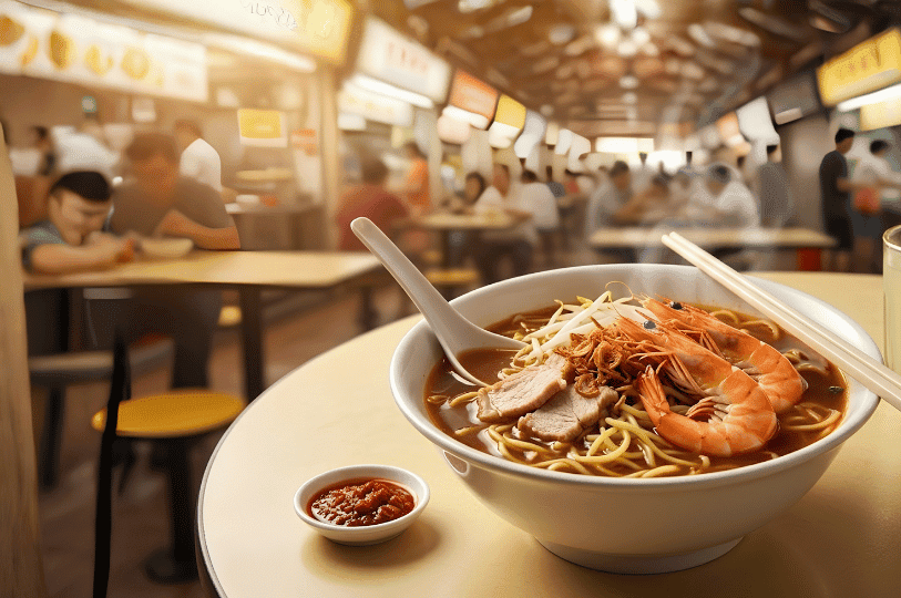 A sharply focused, shallow depth-of-field shot of a steaming bowl of prawn noodle soup in a hawker center. The bowl features three large prawns, sliced pork, bean sprouts, and crispy fried shallots over noodles in a glistening broth, with wooden chopsticks resting across the rim. A small dish of red sambal chili sits in the foreground. The background melts into a beautiful, warm-toned bokeh of diners and hawker stalls, showcasing the ambient lighting that highlights the heat of the freshly served meal.