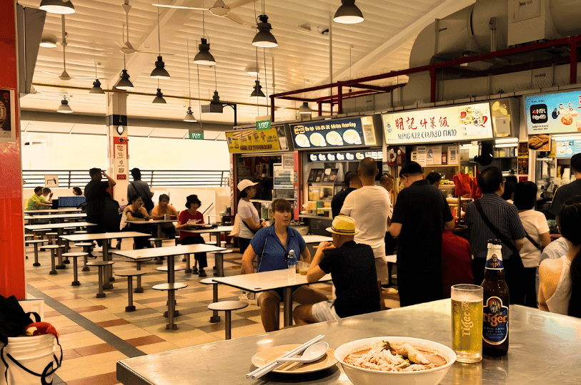 A bowl of steaming noodles, a plate with utensils, and a cold Tiger beer sit on a stainless steel table in the foreground. They are set against the warm, golden-toned backdrop of a lively hawker centre, highlighting the steady flow of people gathering at the rows of tables behind them.
