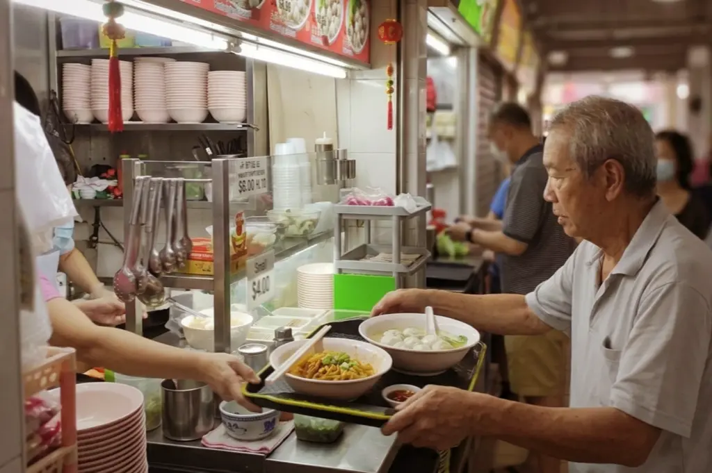 An elderly man collecting a tray of Singapore hawker food, featuring a bowl of cooked noodles and a separate bowl of fishball soup, from a bustling food stall at Hong Lim Food Centre.