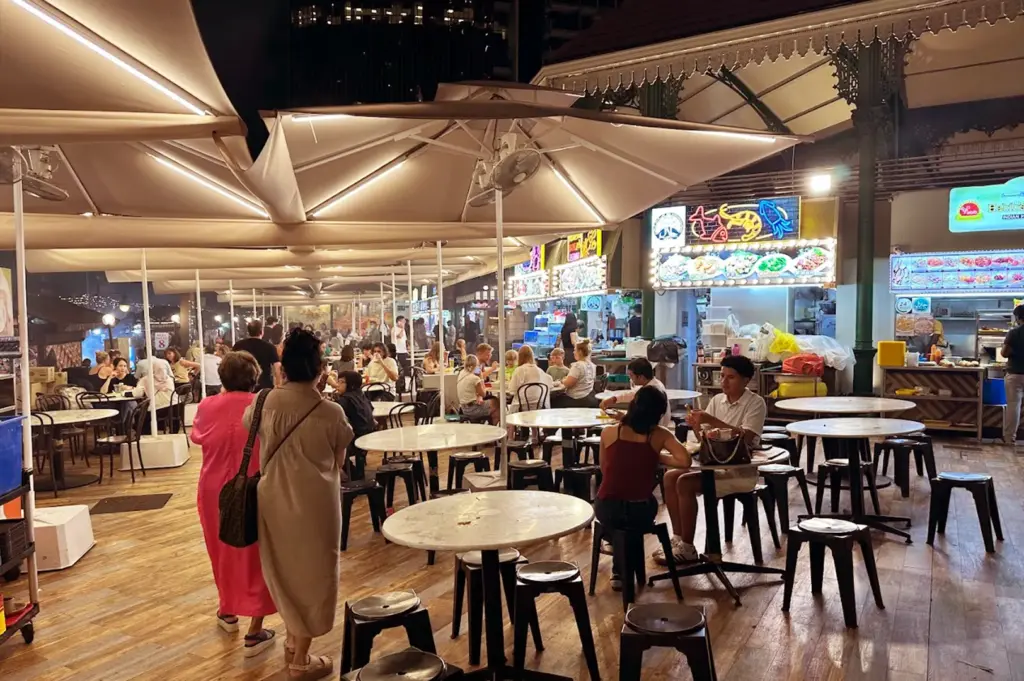 Interior of Lau Pa Sat—high ceiling, repeated tables, open circulation
