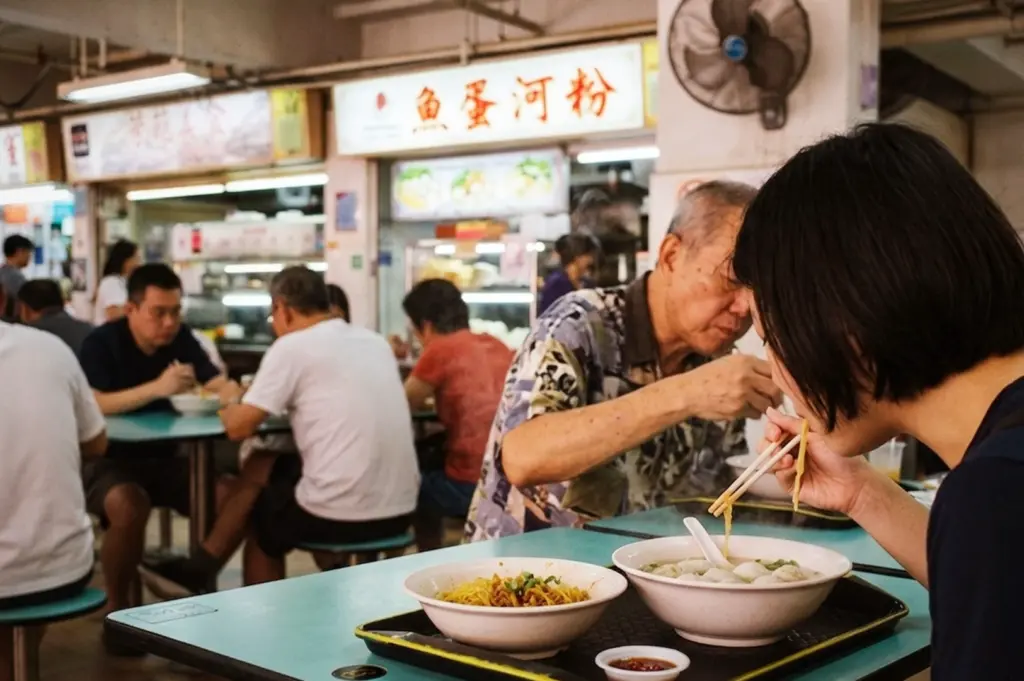 Diners eating traditional Singapore fishball noodles and soup at a vibrant hawker center table, with a background of food stalls at the famous Hong Lim Food Centre.