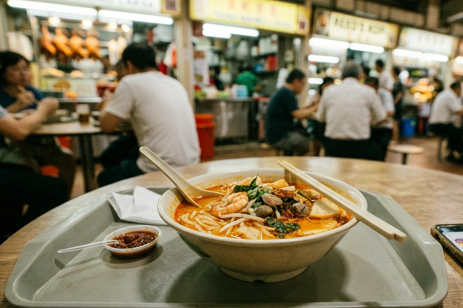 A steaming bowl of Laksa topped with shrimp and cockles sits on a tray at a bustling Singaporean hawker centre, capturing a quiet, unresolved moment amidst the background blur of diners and food stalls.